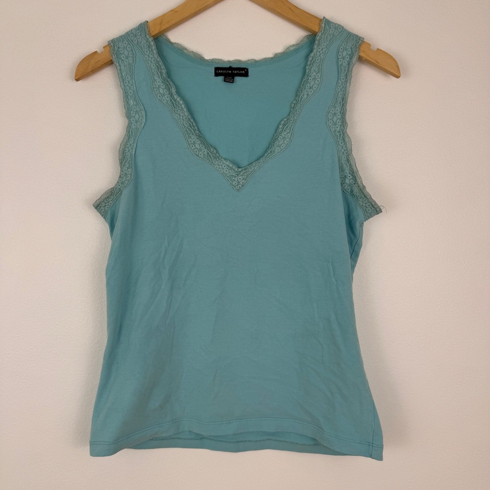 Carolyn Taylor Tank Top Womens Small S Blue‎ Lace Trim Sleeveless Casual